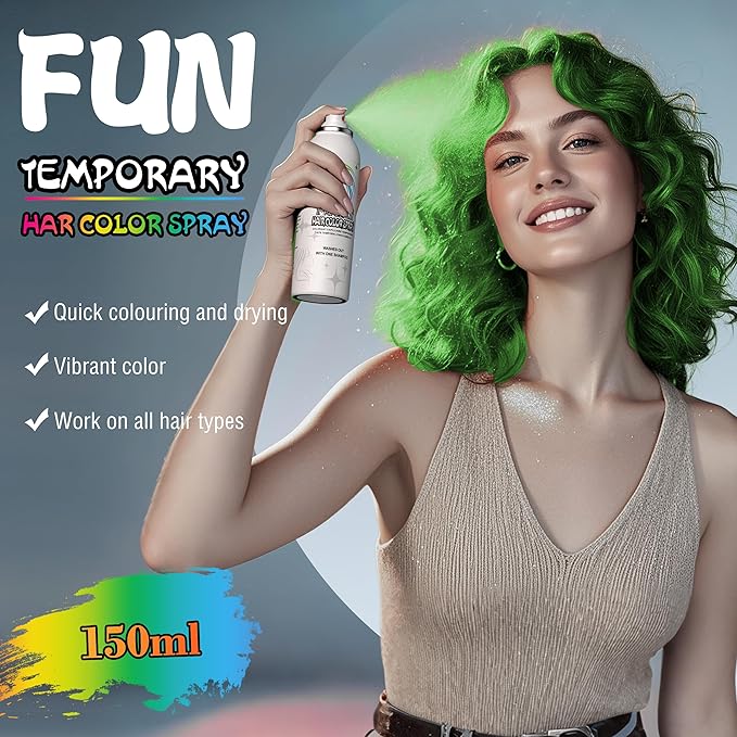 Temporary Hair Color Spray for Adults & Kids - Instant Green Dye Alternative | Non-Sticky, Washable & Gentle Formula | Party, Halloween, Costume Makeup (150 ml)