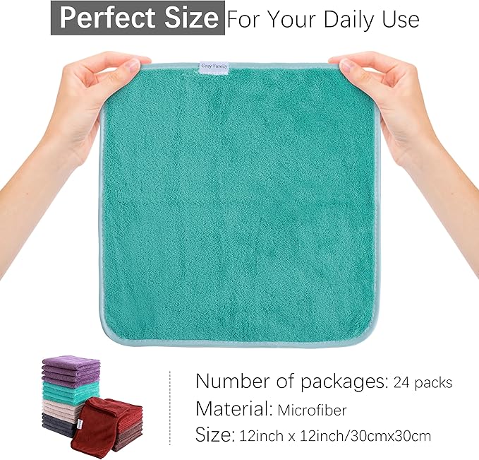 Cosy Family 24 Pack Soft Washcloths Set - 12 x 12 inches, Quick Drying - Highly Absorbent Coral Velvet Fingertip Towel Bathroom Wash Clothes for Bath, Spa, Facial, Kitchen - Dark Color