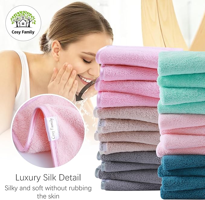 Cosy Family 24 Pack Soft Washcloths Set - 12 x 12 inches, Quick Drying - Highly Absorbent Coral Velvet Fingertip Towel Bathroom Wash Clothes for Bath, Spa, Facial, Kitchen - Light Color