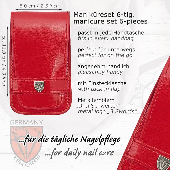 3 Swords Germany - brand quality 6 piece manicure pedicure grooming kit set for professional nail care with red synthetic leather case - Made in Germany