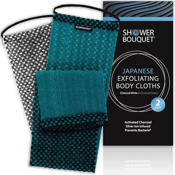 Japanese Exfoliating Washcloth for Back & Body 2-Pack - Charcoal & Silver Ion Exfoliating Towel with Handles - Two-Sided Gentle Exfoliation & Deep Cleanse Body Wash Cloths for Shower - 1 White 1 Green
