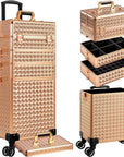AROUS 5 in 1 Rolling Makeup Train Case Cosmetology Case on Wheels Large Cosmetic Organizer Travel Cart for Hairstylist Artist Nail Beauty Salon Barber,Gold