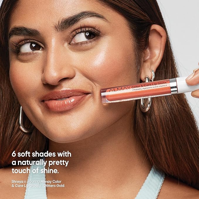 Almay Color & Care Hydrating Lip Gloss, Soft Natural Hues, Prebiotic Complex, Hyaluronic Filling-Sphere Technology, 300 Glitters Gold, 0.1 Fl Oz (Pack of 2)