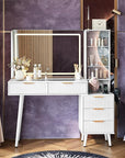 GarveeHome Fluted Makeup Vanity Desk with Lights, 48 in Big Vanity with Glass Top and Large 36" HD Lighted Mirror, Modern Dressing Table with 5 Drawers 3-Tier Shelves Set w/Charging Station (White)