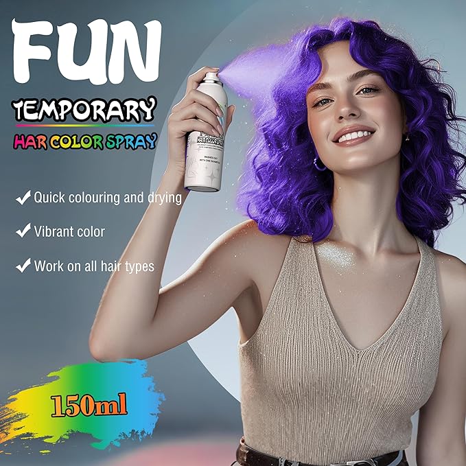Purple Temporary Hair Color Spray - Gentle Formula, Washable & Non-Sticky | Instant Hair Dye Alternative for Adults | Halloween, Costume, Party Makeup, 150ml