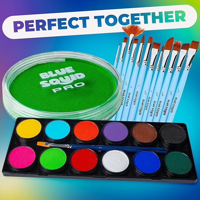 Blue Squid Face Paint Water Based Single Cake Professional Face Paint & Body Paint - Water Activated, Kids Adults Face Painting for Costume, Halloween Makeup, Cosplay - Neon Green Face Paint 30g