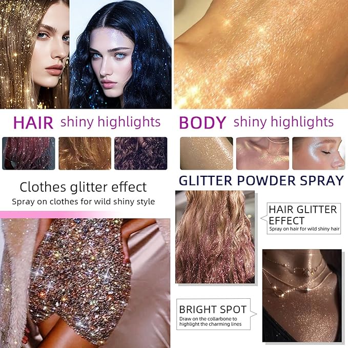 MAEPEOR Body Glitter Spray 4 Colors Quick-Drying and Non-Sticky Body Glitter Spray Moisturizing Bronze Body Shimmer for Face Hair Body (80ML, 12)