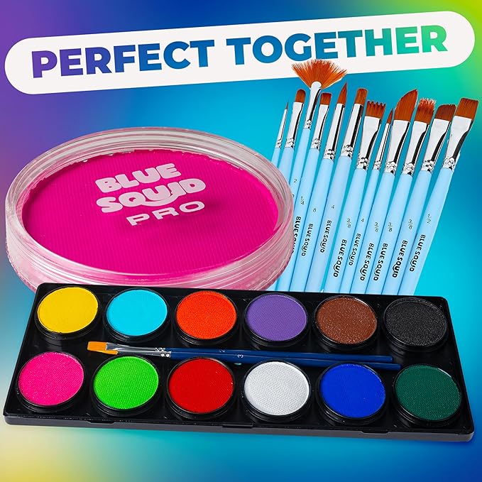Blue Squid Face Paint Water Based Single Cake Professional Face Paint & Body Paint - Water Activated, Kids Adults Face Painting for Costume, Halloween Makeup, Cosplay - Neon Magenta Face Paint 30g