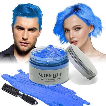 4.23 oz Temporary Blue Hair Color Wax with Dye Brush, Instant Natural Hairstyle Cream, Disposable Coloring Mud for Women Men Youth, Washable Styling Pomades, Party Cosplay DIY Halloween
