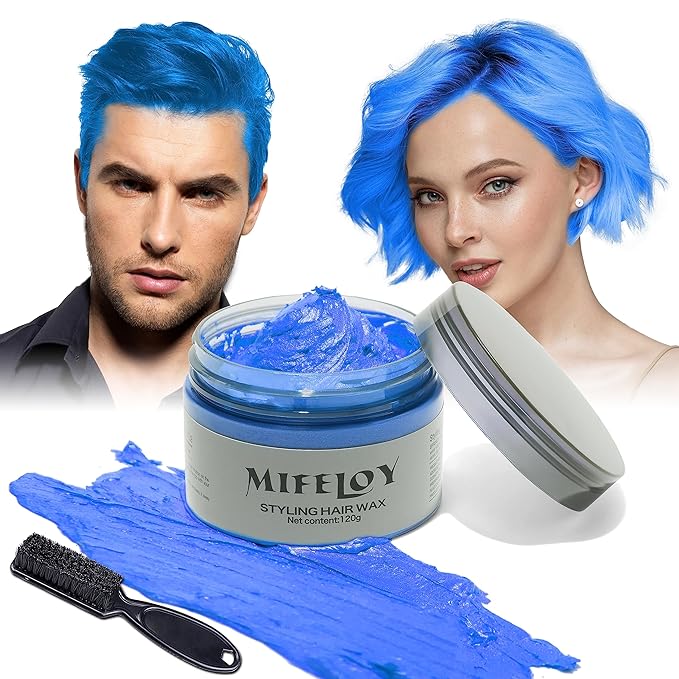 4.23 oz Temporary Blue Hair Color Wax with Dye Brush, Instant Natural Hairstyle Cream, Disposable Coloring Mud for Women Men Youth, Washable Styling Pomades, Party Cosplay DIY Halloween
