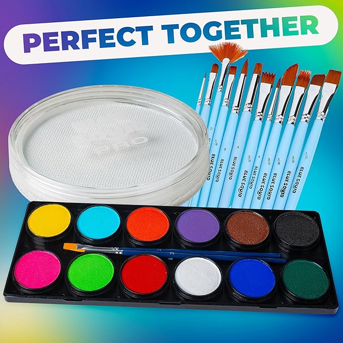 Blue Squid Face Paint Water Based Single Cake Professional Face Paint & Body Paint - Water Activated, Kids Adults Face Painting for Costume, Halloween Makeup, Cosplay - Neon White Face Paint 30g