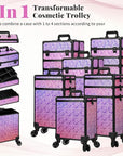 Profesional Rolling Makeup Train Case with Lid, 5 in 1 Cosmetology Case on Wheels, Large Cosmetic Trolley Organizer Travel for Hairstylist Artist Nail Beauty Salon Barber, Gravel Pink