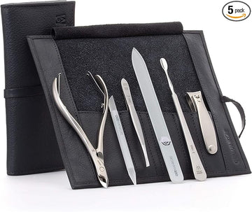 GERMANIKURE 6pc Manicure Set in Black Leather Case - FINOX Stainless Steel Tools Made in Germany, Glass Nail Care Supplies Made in Czech Republic – Professional Cuticle and Nail Care Kit