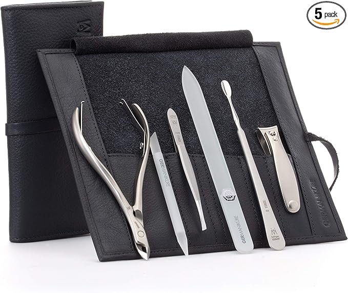 GERMANIKURE 6pc Manicure Set in Black Leather Case - FINOX Stainless Steel Tools Made in Germany, Glass Nail Care Supplies Made in Czech Republic – Professional Cuticle and Nail Care Kit