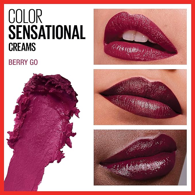 Maybelline Color Sensational Lipstick, Lip Makeup, Cream Finish, Hydrating Lipstick, Nude, Pink, Red, Plum Lip Color, Berry Go, 0.15 oz; (Packaging May Vary)