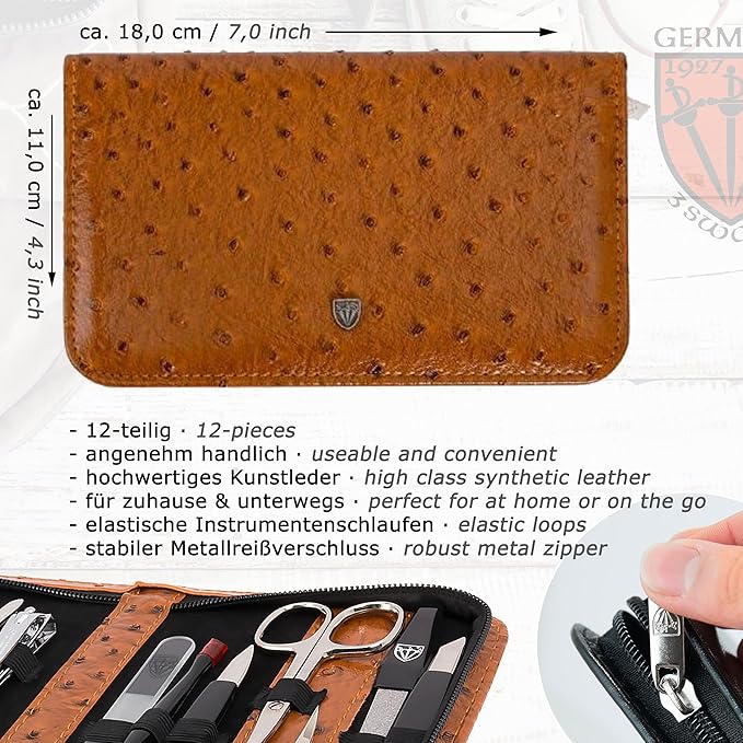 3 Swords Germany – brand quality 12 piece manicure pedicure grooming kit set for professional finger & toe nail care with ostrich synthetic leather case - Made in Germany