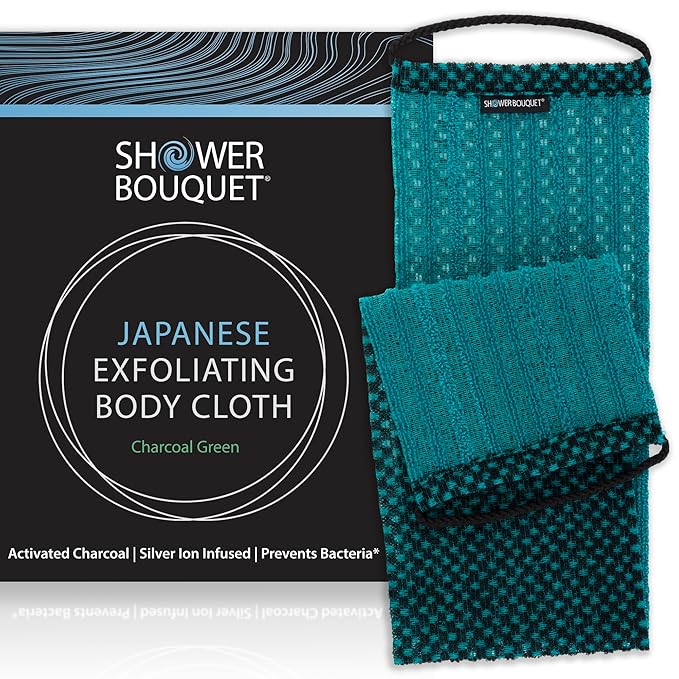 Japanese Exfoliating Washcloth for Back & Body - Charcoal & Silver Ion Exfoliating Towel with Handles - Two-Sided Gentle Exfoliation & Deep Cleansing Soft Body Wash Cloths for Shower - Green