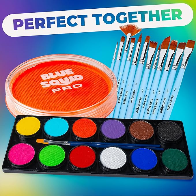 Blue Squid Face Paint Water Based Single Cake Professional Face Paint & Body Paint - Water Activated, Kids Adults Face Painting for Costume, Halloween Makeup, Cosplay - Neon Orange Face Paint 30g