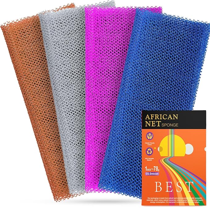 4 Pieces Exfoliating Washcloth Shower Towel African Net Sponge Japanese Wash Cloth Face Exfoliating Sponge Loofah Exfoliating Body Scrubber for Body Exfoliation (Brown, Blue, Purple,Grey)