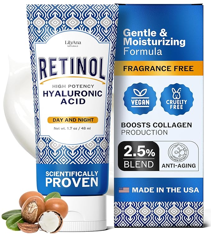 LilyAna Naturals Anti Aging Retinol Face Cream for Women – Wrinkle & Neck Cream for Firming, Retinol Moisturizer for Face with Hyaluronic Acid, Hydrating Night Cream, Collagen Boost (Bottle, 1.0oz)