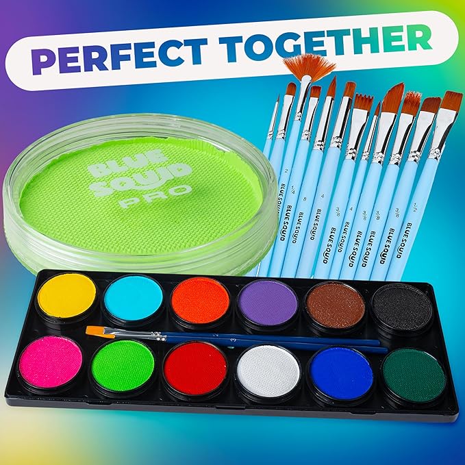 Blue Squid Face Paint Water Based Single Cake Professional Face Paint & Body Paint - Water Activated, Kids Adults Face Painting for Costume, Halloween Makeup, Cosplay - UV Pastel Green Face Paint 30g