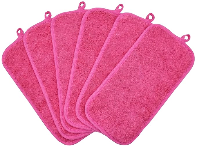 Makeup Remover Cloths for Face, Eye, Lips - Reusable Makeup Remover Pads Soft Microfiber Facial Cleansing Cloths 6 x 12 inch 6 Pack (Dark Pink)