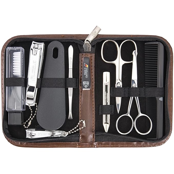 3 Swords Germany - brand quality 10 piece manicure pedicure grooming kit set for professional finger & toe nail care tweezers file clipper fashion leather case in gift box, Made by 3 Swords (01610)