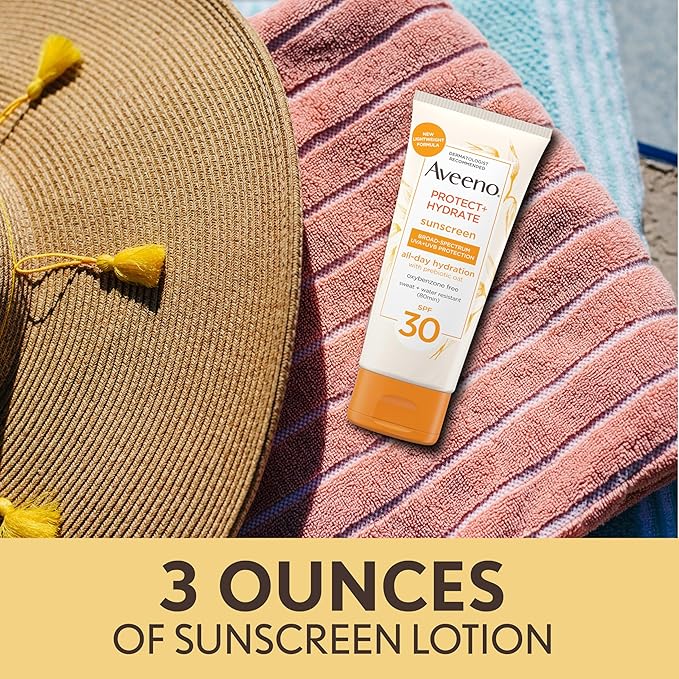 Aveeno Protect + Hydrate Moisturizing Sunscreen Lotion with Broad Spectrum SPF 30 & Prebiotic Oat, Weightless Sweat & Water-Resistant Full Body Sunscreen, Oxybenzone-Free, 3.0 fl. oz