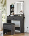 LIKIMIO Small Makeup Vanity Desk with Mirror and Lights, Vanity Table Set with Storage Drawer, Chair and Three Shelves, Bedroom, Charcoal Grey