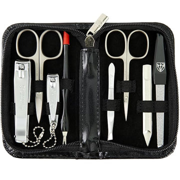 3 Swords Germany – brand quality 8 piece manicure pedicure grooming kit set for professional nail care with synthetic leather case black - Made in Germany
