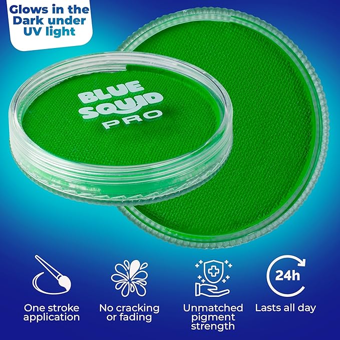 Blue Squid Face Paint Water Based Single Cake Professional Face Paint & Body Paint - Water Activated, Kids Adults Face Painting for Costume, Halloween Makeup, Cosplay - Neon Green Face Paint 30g