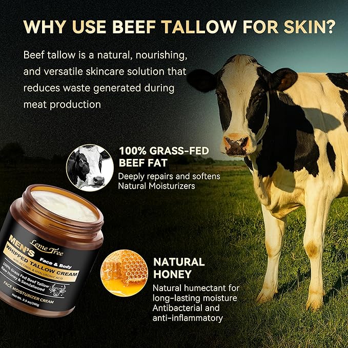 Men's Beef Tallow for Skin, Whipped Grass-Fed Beef Tallow Face Cream, Tallow Balm with Anti-Aging Retinol & Hyaluronic Acid, Mens Skin Care Face Moisturizer, Reduces Wrinkles & Lines, Sandalwood, 3 OZ