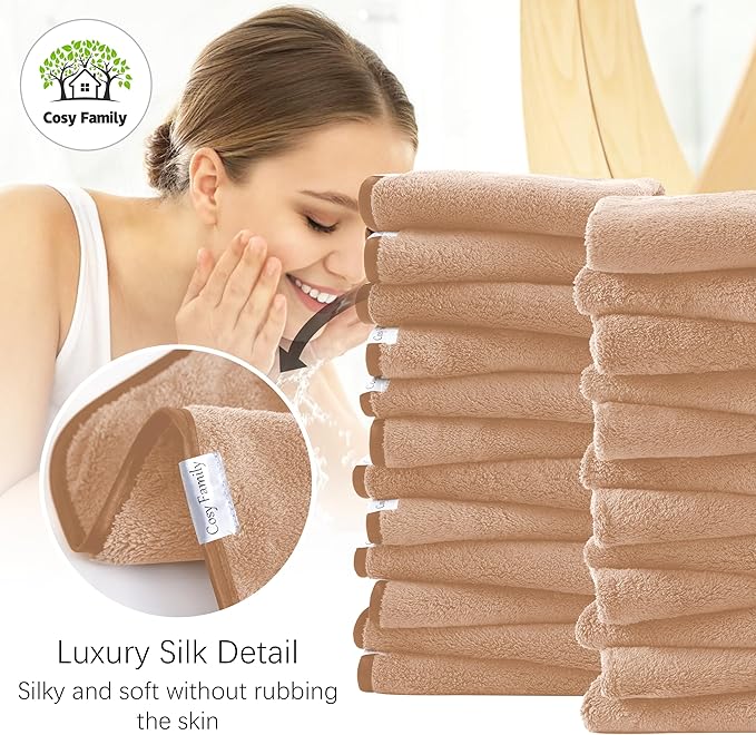 Cosy Family 24 Pack Soft Washcloths Set - 12 x 12 inches, Quick Drying - Highly Absorbent Coral Velvet Fingertip Towel Bathroom Wash Clothes for Bath, Spa, Facial, Kitchen - Brown