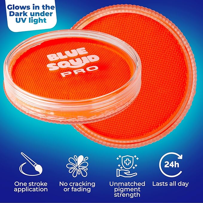 Blue Squid Face Paint Water Based Single Cake Professional Face Paint & Body Paint - Water Activated, Kids Adults Face Painting for Costume, Halloween Makeup, Cosplay - Neon Orange Face Paint 30g