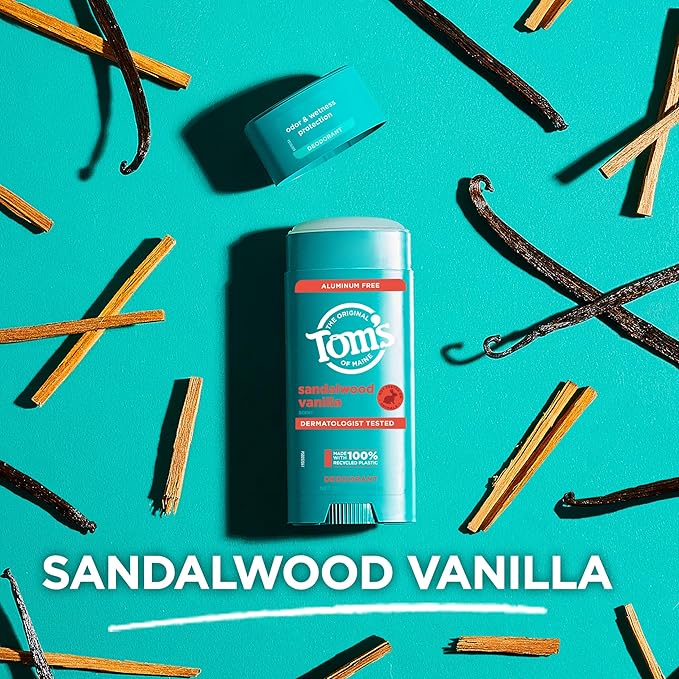 Tom's of Maine Sandalwood Vanilla Aluminum Free Natural Deodorant For Women & Men | Goes on Clear | Odor & Wetness Protection | Naturally Derived and Moisture-Locking Ingredients | 3.25 oz (2 Pack)