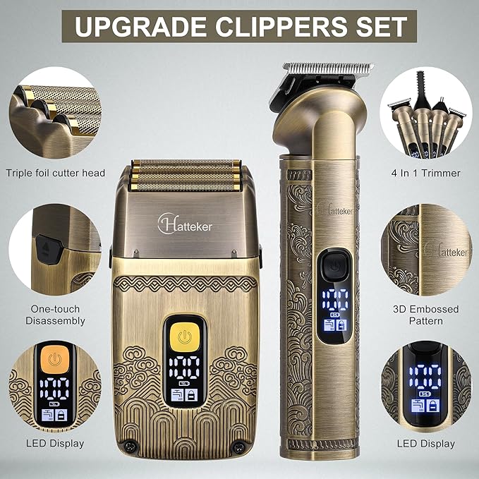 Hatteker Professional Hair Clipper Electric Razor Foil Shavers for Men Body Nose Ear Hair Grooming Kit with Triple Blades Cordless Waterproof