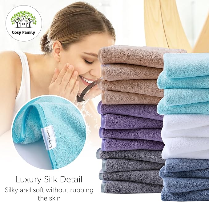 Cosy Family 24 Pack Soft Washcloths Set - 12 x 12 inches, Quick Drying - Highly Absorbent Coral Velvet Fingertip Towel Bathroom Wash Clothes for Bath, Spa, Facial, Kitchen - Warm Color
