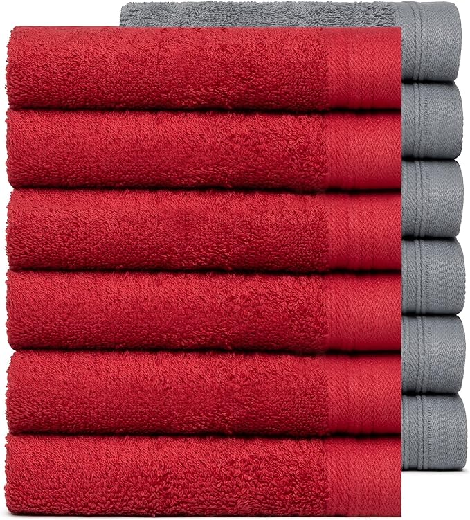 100% Cotton Washcloths Set 13” x 13” | Burgundy & Dark Grey Towels | Set of 12 Ultra Soft and Highly Absorbent Washcloths Sets for Bathroom, Gym, Hotel, Spa | Machine Washable Face Towel