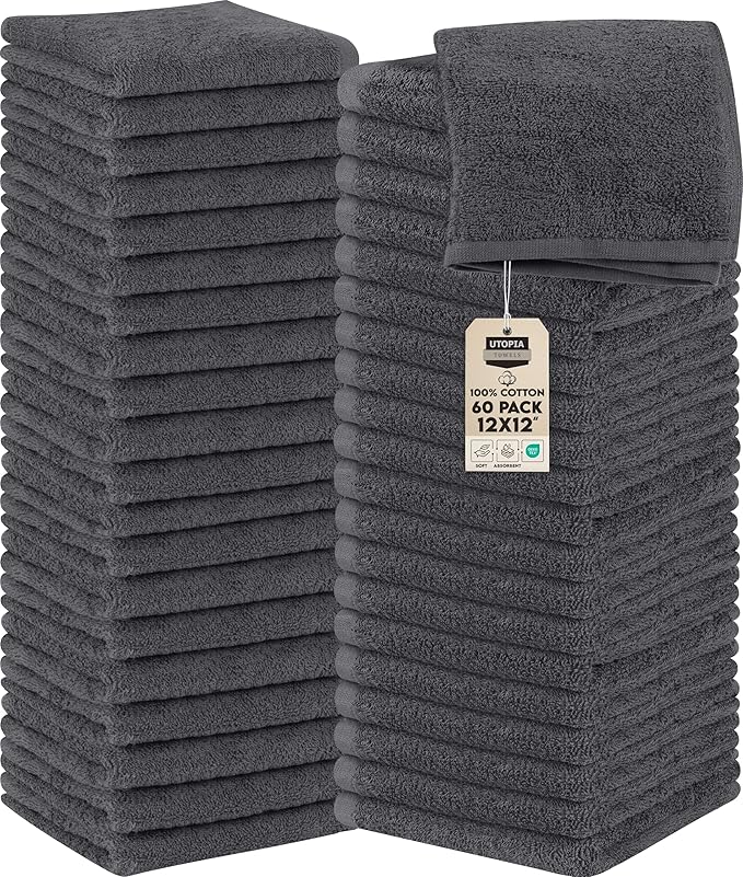 Utopia Towels Cotton Washcloths Set, 100% Ring Spun Cotton, Premium Flannel Face Cloths, Highly Absorbent and Soft Feel Fingertip Towels, 60 Pack, Grey