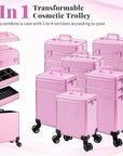 AROUS 5 in 1 Rolling Makeup Train Case Cosmetology Case on Wheels Large Cosmetic Organizer Travel Cart for Hairstylist Artist Nail Beauty Salon Barber,All Pink