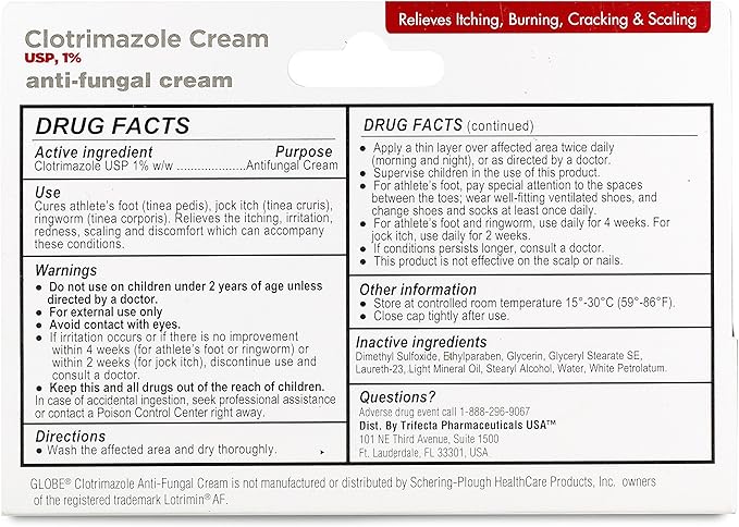 Globe Clotrimazole Antifungal Cream 1% USP (1 oz), Anti Fungal Treatment, Relieves Itching, Burning, Cracking and Scaling Associated Athletes Foot, Jock Itch, Ringworm and More