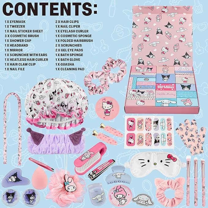 Get Trend Hello Kitty Advent Calendar 2025 Women Teens Makeup Brushes Hair Clips Eye Mask Beauty Pamper Gift Set Christmas Countdown Gifts for Her (Pink Hello Kitty)