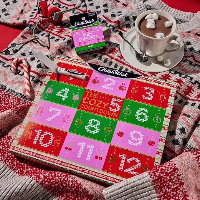 ChapStick 12 Days Advent Calendar Lip Balm Holiday Gift Set, Moisturizing Daily Lip Care For Dry, Chapped Lips, Soothing Hydration, Limited Edition Cozy Flavors, 12 Pack Variety, 0.15 OZ EA