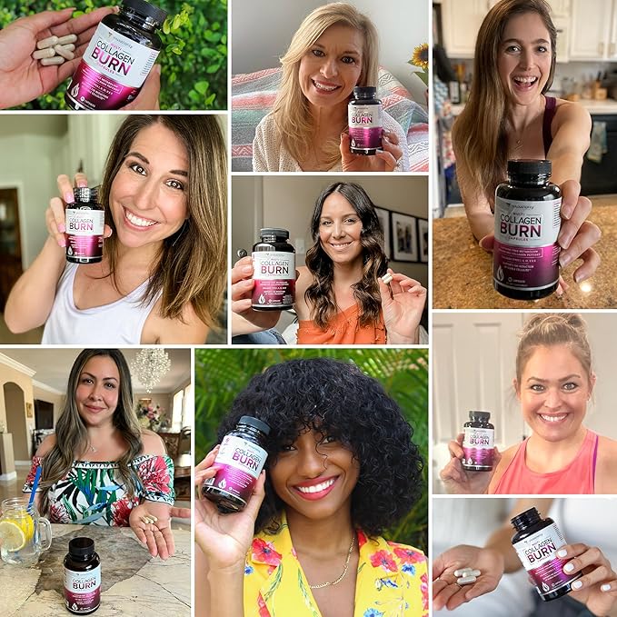 Multi Collagen Burn: Multi-Type Hydrolyzed Protein Peptides with Hyaluronic Acid, Vitamin C, SOD B Dimpless, Types I, II, III, V and X, Caffeine-Free (Unflavored Capsules)