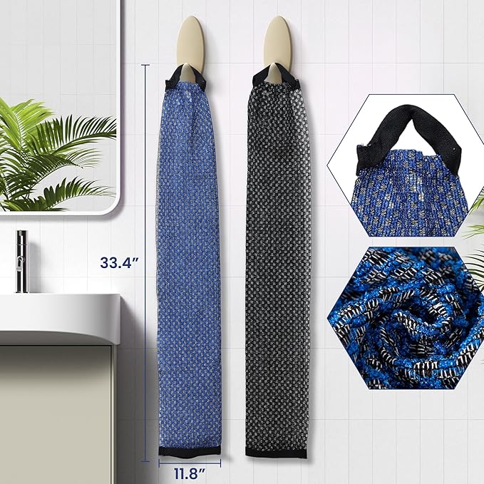 Japanese-style exfoliating bath towel and towel set (2 pieces) - loofah, durable and quick-drying, extra-long design, skin-friendly material, mesh design, suitable for all skin types - 1 blue, 1 black