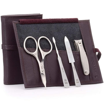GERMANIKURE 4pc Manicure Set in Dark Purple Leather Case - Made in Solingen Germany, FINOX Stainless Steel Tools – Professional Quality Compact Nail Grooming Kit