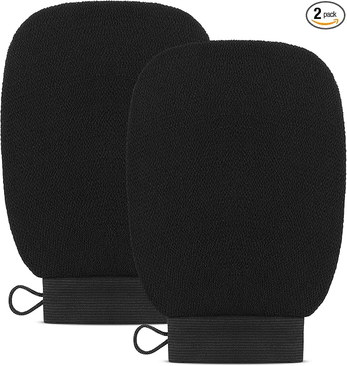 Valitic Exfoliating Glove Body Scrubber - Exfoliating Mitt Dead Skin Remover, Shower Face and Body Exfoliator - Korean Style Skin Scrubber Washcloth - Spray and Self Tan Remover, Pair Black
