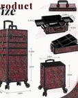 Profesional Rolling Makeup Train Case with Lid, 5 in 1 Cosmetology Case on Wheels, Large Cosmetic Trolley Organizer Travel for Hairstylist Artist Nail Beauty Salon Barber, Red