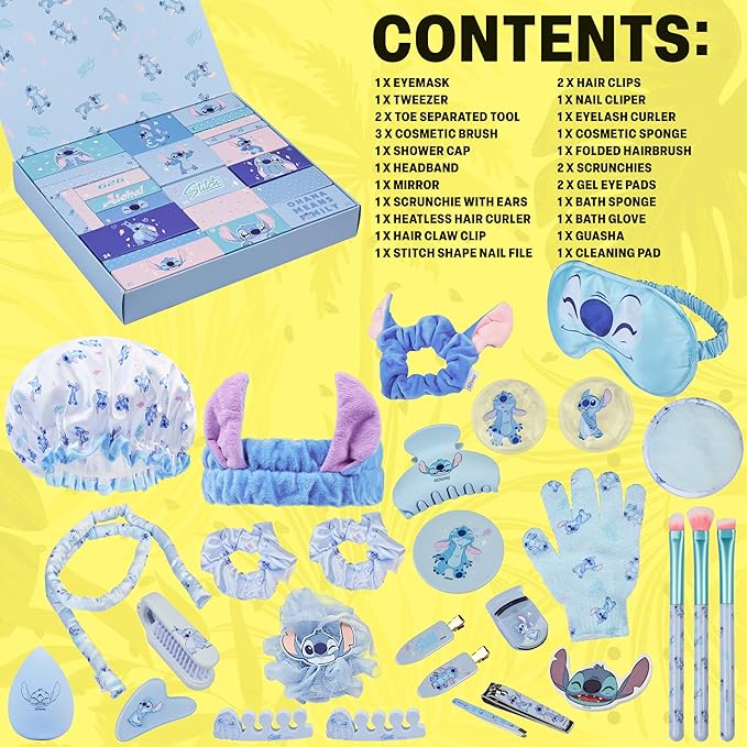 Get Trend Disney Stitch Advent Calendar 2025 Women Teens Makeup Brushes Hair Clips Eye Mask Beauty Pamper Gift Set Christmas Countdown Gifts for Her (Blue Stitch)