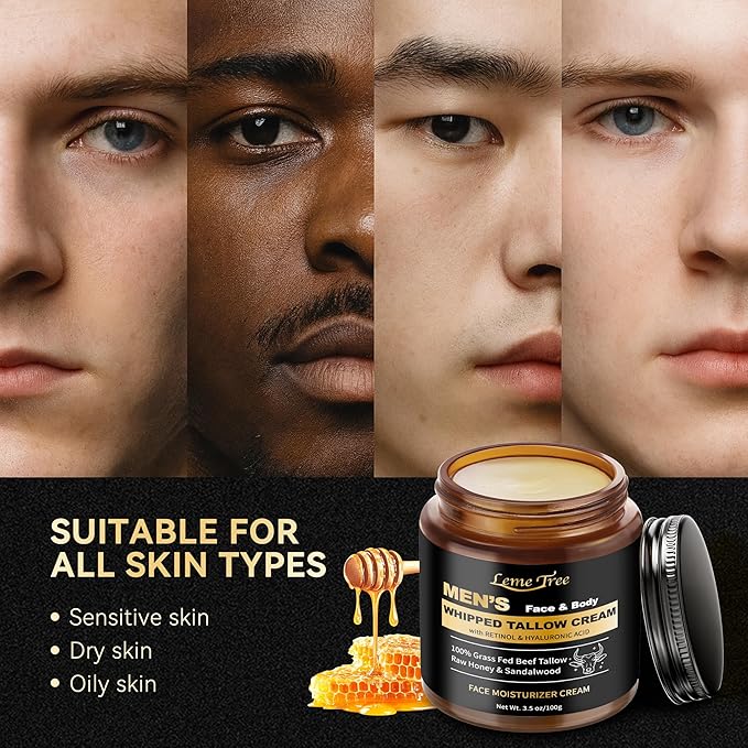 Men's Beef Tallow for Skin, Whipped Grass-Fed Beef Tallow Face Cream, Tallow Balm with Anti-Aging Retinol & Hyaluronic Acid, Mens Skin Care Face Moisturizer, Reduces Wrinkles & Lines, Sandalwood, 3 OZ